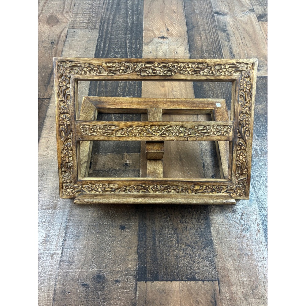 Hand Carved Wooden Book Stand Adjustable Floral Folding Cookbook Holder India
